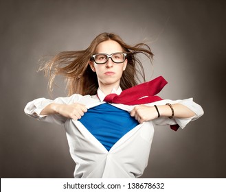 Woman Opening Her Shirt Like A Superhero