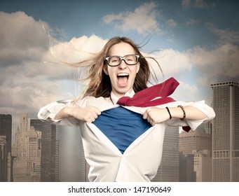 woman opening her shirt like a superhero