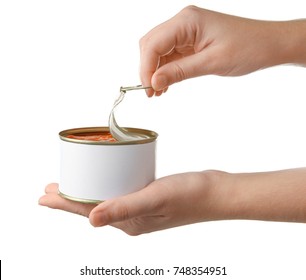 Woman Opening Tin Can With Fish On White Background