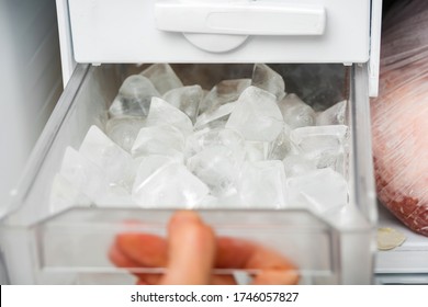 A Woman Opens An Ice Maker Tray In The Freezer To Take Ice Cubes To Cool Drinks.