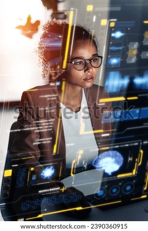 A woman operating a hologram interface. Graphical user interface. Head up display. Digital technology.