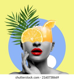 Woman with orange juice and green leaves in head on colorful background. Summer party concept. Stylish creative collage design
