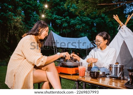 Similar – Image, Stock Photo Woman taking photo to friend in breakfast