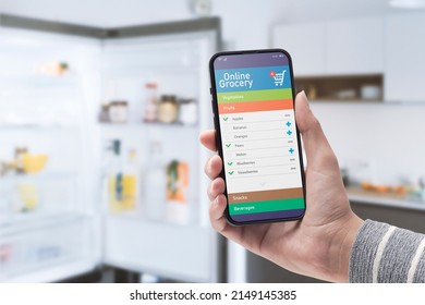 Woman Ordering Her Grocery Online On A Smartphone App, She Is Holding The Phone And Choosing The Items On A List, POV Shot