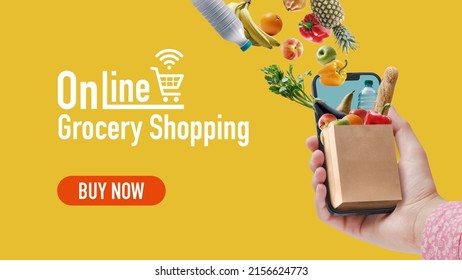 Woman ordering her grocery online, she is holding a smartphone with a small grocery bag full of goods, banner with copy space - Shutterstock ID 2156624773