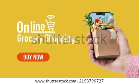 Woman ordering her grocery online, she is holding a smartphone with a small grocery bag full of goods, banner with copy space