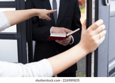 Woman Ordering Jehovah's Witness To Go Out