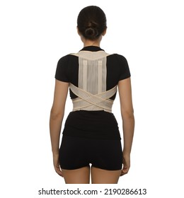 Woman With Orthopedic Corset On White Background, Back View