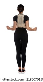 Woman With Orthopedic Corset On White Background, Back View