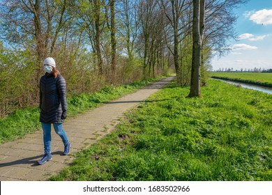 Woman Outdoor Walking With Face Mask Corona Virus