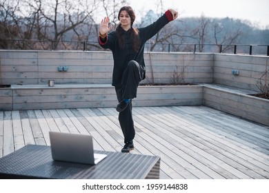 Woman Outdoors Standing In Kung Fu Crane Stance