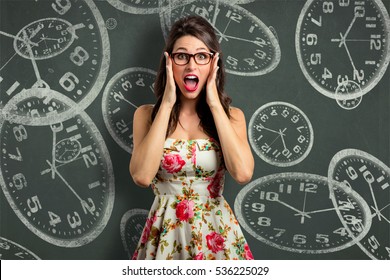 Woman Overcome With Stress, Out Of Time Management Late Anxious With Clock Background