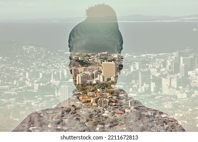 Woman, Overlay And City With Buildings, Ocean And Mountain In Background. Silhouette, Shadow And Black Woman With Cape Town, Sea And Architecture In Backdrop For Engineering, Design Or Digital Mockup