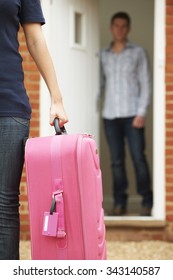 Woman With Packed Suitcase Leaving Husband