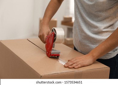 Woman Packing Cardboard Box Indoors, Closeup. Moving Day