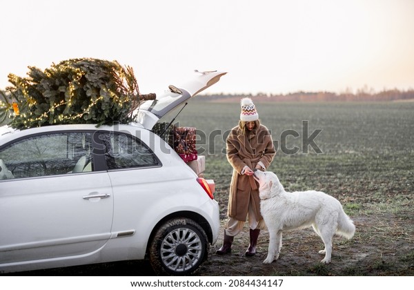 Woman\
packing gifts into the car with Christmas tree on a rooftop on\
nature at dusk. Getting ready for a New Year holidays. Idea of a\
Christmas mood. Woman wearing fur coat and\
hat