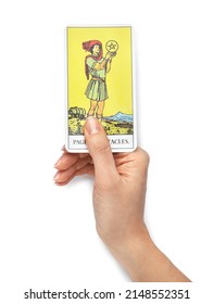 Woman with Page of Pentacles tarot card on white background, top view