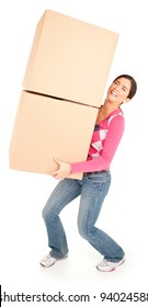 Woman Painfully Carrying Boxes