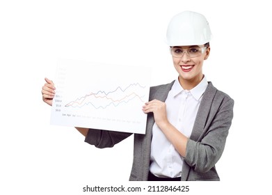 Woman Paint Protection Engineer And Glasses Holding Graphs Chart Indicators In Her Hands And Smiling On A White Isolated Background