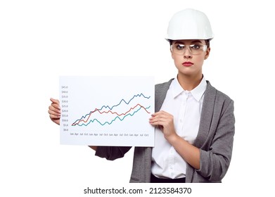 Woman Paint Protection Engineer And Glasses Holding Graphs Chart Indicators In Her Hands And Smiling On A White Isolated Background