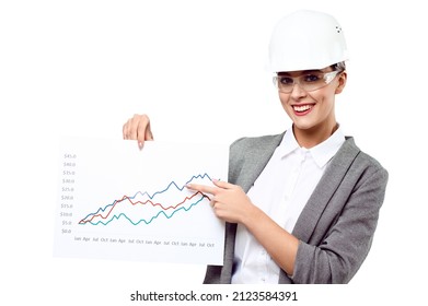 Woman Paint Protection Engineer And Glasses Holding Graphs Chart Indicators In Her Hands And Smiling On A White Isolated Background