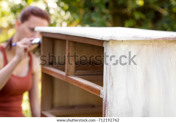 Woman Painting Old Dresser Outdoor White Stock Photo Edit Now