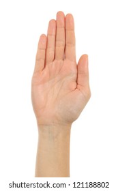 Woman palm hand in front with a white isolated background