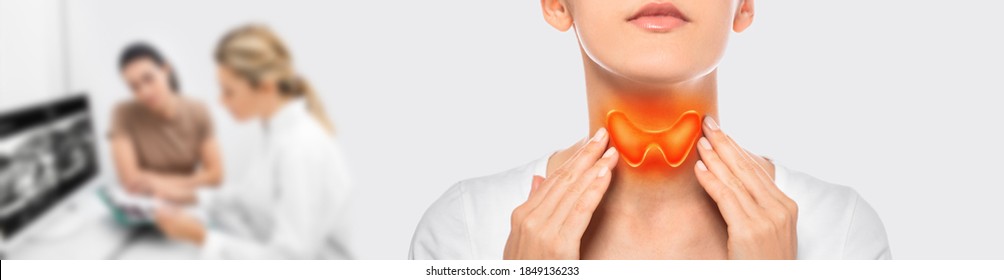 Woman palpation her neck, examine thyroid gland. Drawn virtual thyroid gland on her neck. Medical ultrasound diagnostics of the thyroid gland on background