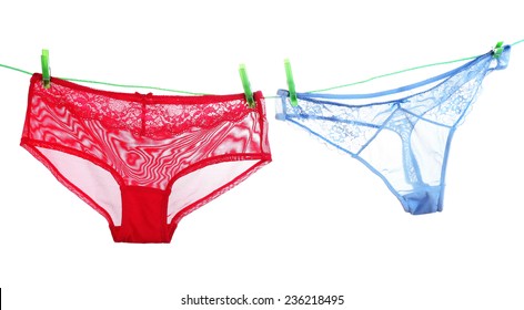 Woman Panties Hanging On Blue Background Stock Photo 236218495