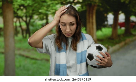 Woman in park holding soccer ball looks surprised surrounded by green trees during daytime exemplifying casual outdoor scene