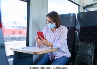 Woman Passenger In Medical Face Mask Is Sitting Inside Train