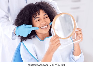 Woman, patient and dentist with mirror for teeth whitening in clinic for dental surgery and results with doctor. People, satisfied and happy on consultation for root canal procedure and oral care - Powered by Shutterstock