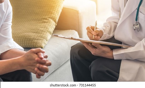 Woman Patient Having Consultation With Doctor (gynecologist Or Psychiatrist) And Examining  Health In Medical Gynecological Clinic Or Hospital Mental Health Service Center