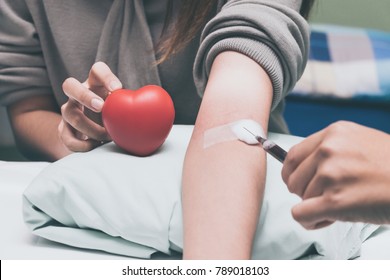 Woman patient who holding heart model and hand of nurse holding blood collection sample for sick analysis at the hospital.