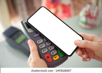 Woman Payment Purchase For Phone With Isolated Screen And Pay Pass Online Terminal In The Store