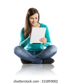 Woman With Pc Tablet Is Isolated On White Background