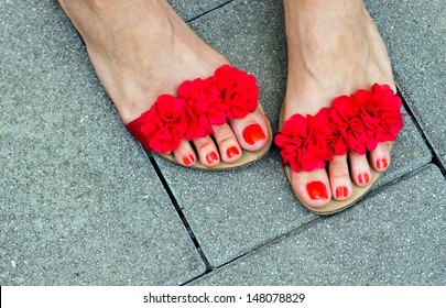 Woman Pedicured Feet In Summer Style Fashion Sandals