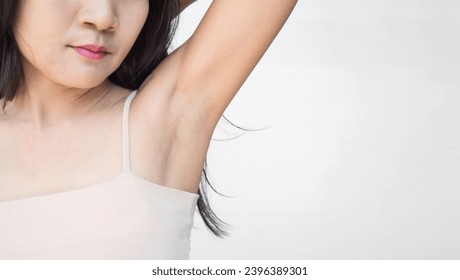 Woman People Happy Smile Nature Beauty Showing Under Arm at Home,Girl with Towel use Roll on in Bathroom Portrait,Adult Body Skin Tan and Black Hair Authentic Asian,Slim Fit,Hyginene - Shutterstock ID 2396389301