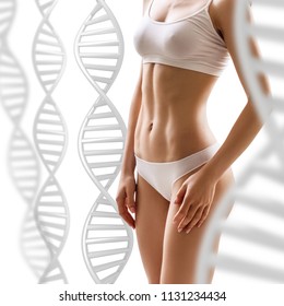 Woman with perfect body near DNA stems. Slimming concept. Improvement of metabolism concept. - Powered by Shutterstock