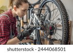 A woman is performing maintenance on mountain bike. Concept of fixing and preparing the bicycle for the new season