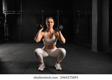 Woman performing racked dumbbell squat, holdinb dumbbells in both hands. Strength exercise. Routine workout for physical and mental health. - Powered by Shutterstock