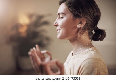 Woman, person and meditation with lotus for yoga with holistic wellness, mental health and healing in class. Girl, yogi and posture for mindfulness, stress relief or zen with eyes closed and happy - Powered by Shutterstock