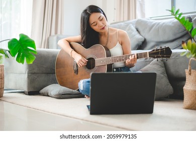 Woman Person Playing Acoustic Guitar Music Instrument At Home, Young Asian Musician Girl Lifestyle