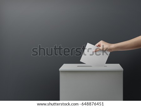Woman person vote with ballot box on blank voting concept.
