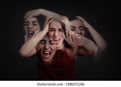 Woman With Personality Disorder On Dark Background, Multiple Exposure 