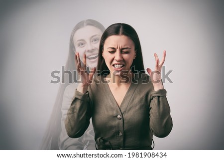 Woman with personality disorder on light background, double exposure 