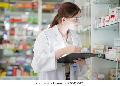 woman pharmacist wearing lab coat carefully selects medication in a pharmacy. critical role of pharmacists in ensuring patient safety and effective healthcare. female organizes medication on shelves. - Powered by Shutterstock