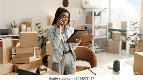 Woman, phone call and online logistics, startup communication and small business courier on tablet. Young entrepreneur, seller or supplier talk on mobile, digital technology and boxes for e commerce - Powered by Shutterstock