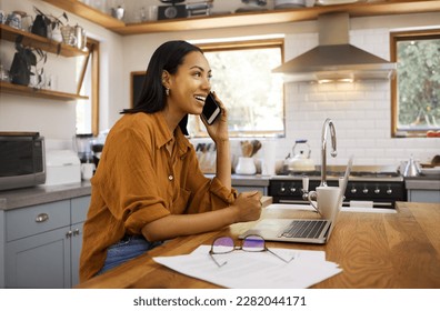 Woman, phone call and remote work with laptop, conversation and communication with technology. Female freelance employee talking, working from home with networking or telemarketing, sales and telecom - Powered by Shutterstock