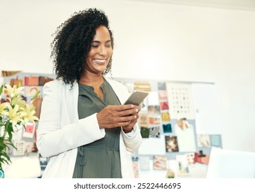 Woman, phone or happy in small business for customer service, creative process or shop review. Entrepreneur, fashion designer or mobile in boutique for feedback, web consultation or quote in startup - Powered by Shutterstock